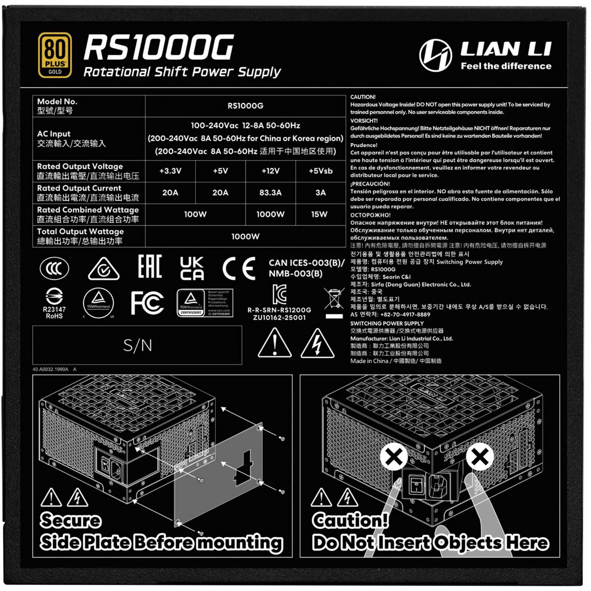 Lian Li RS1000G 80 PLUS Gold + RS HUB - ATX 3.1 - 1000 Watt, Nero - immagine 5